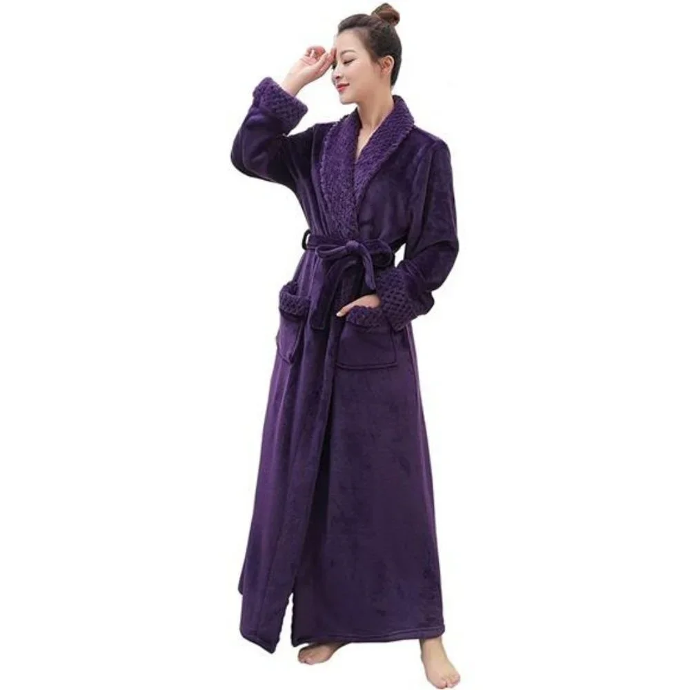 Women Long Fleece Robe Flannel Bathrobes for Winter Thicker Coat with Pockets